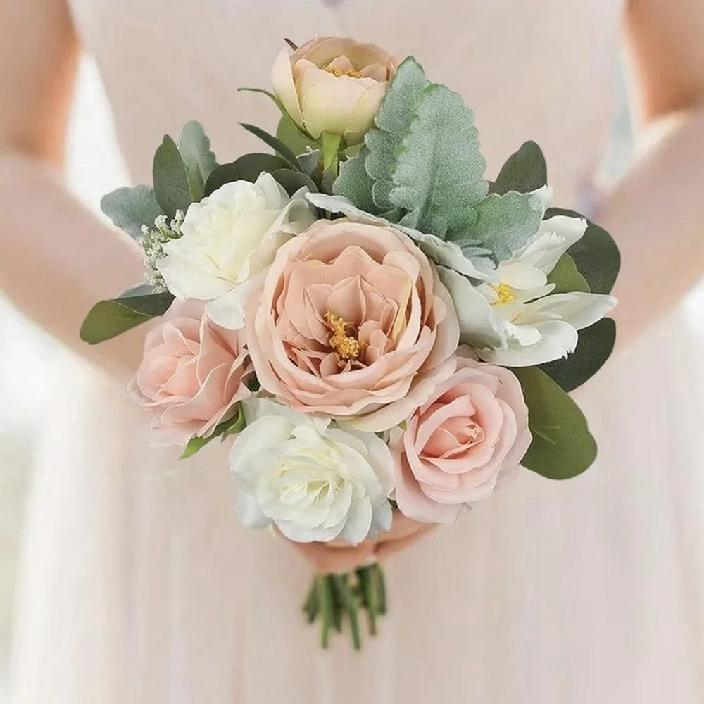Rinlong 2 Pcs Wedding Bouquets for Bridesmaids Bride Pink Green Artificial